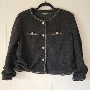 Adrianna Papell Black Sherpa Knit Cardigan Jacket Size S Gold Button Trim Cozy